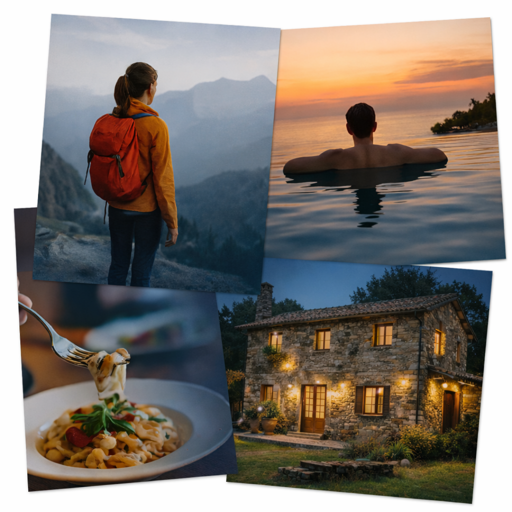 aventura, calma, comida y hogar